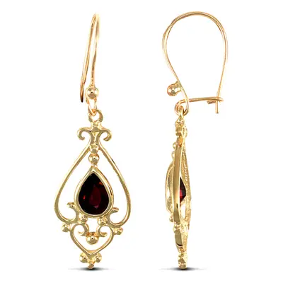 Jewelco London Ladies 9ct Yellow Gold Red Pear Garnet Tears of Joy Chandelier Drop Earrings - JE