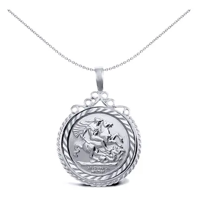 Jewelco London Unisex Rhodium Plated Sterling Silver Rope Edge Scroll Top St George & Dragon Med