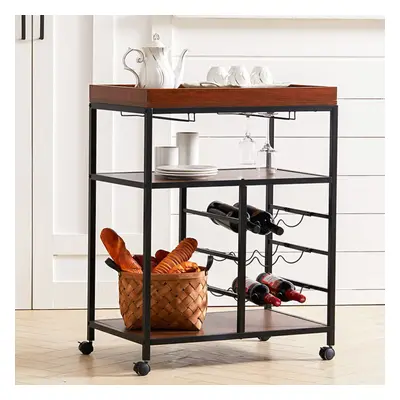 (C) Vintage Wood Tiers Kitchen Serving Trolley with Wine Rack