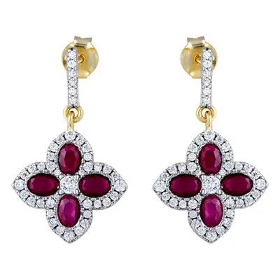 Jewelco London 14k Gold-plated Silver Red Oval CZ Pointed Quatrefoil Clover Hanging Drop Earring