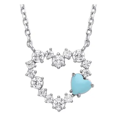 Jewelco London Ladies Silver Blue Heart Turquoise CZ Lil n Large Embedded Love Heart Lavalier Ne