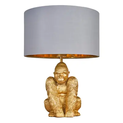 Modern Gold Sitting Gorilla Design Table Lamp with a Grey/Gold Cylinder Shade