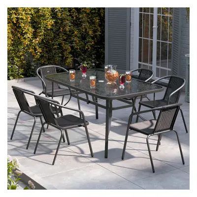 (150cm Rectangle Table+6PC Chair) Tempered Glass Outdoor Coffee Table and Rattan Chairs Set