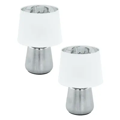 2 PACK Table Lamp Colour Silver Base Shade White & Silver Fabric E14 1x 40W