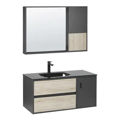 Bathroom Vanity Set with Mirrored Cabinet cm Light Wood and Black TERUEL