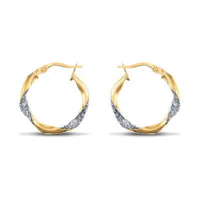 Jewelco London Ladies 9ct Yellow and White Gold Crushed Ice Glitter Twist 3mm Hoop Earrings 21mm