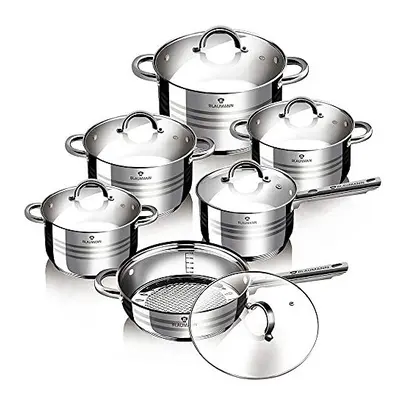 Gourmet 12/10 Pcs Silver Stainless Steel Non Stick Cookware Set Pots Pans Kitchen Induction Set 