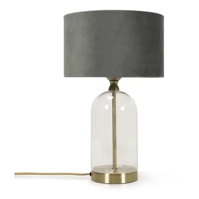 Glass and Gold Metal Table Lamp with Grey Velvet Shade Light + LED