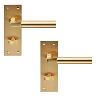 2x PAIR Round Bar Handle on Slim Bathroom Backplate x 50mm Satin Brass