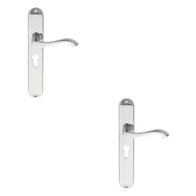 2x PAIR Curved Lever on Long Slim Euro Lock Backplate x 40mm Polished Chrome