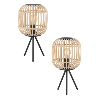 2 PACK Table Lamp Desk Light Black Tripod & Round Wood Cage Shade 1x 28W E27