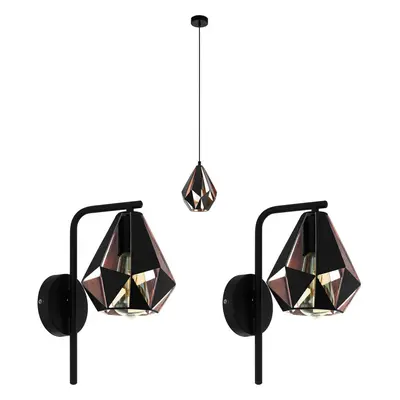 Ceiling Pendant Light & 2x Matching Wall Lights Black & Copper Geometric Shade