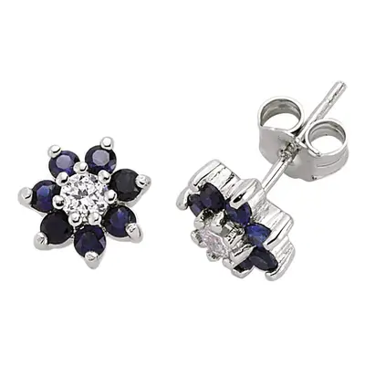 Jewelco London Ladies Sterling Silver Blue Cubic Zirconia Flower Cluster Stud Earrings - GVE178