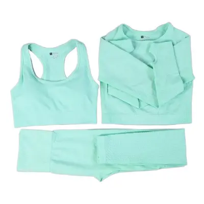 (Green, 3Pcs Set) Women Seamless Yoga Set Gym SportWear Running Outwork Fitness Long SLeeve High