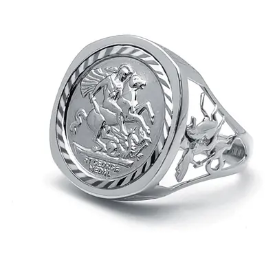 (V) Jewelco London Men's Solid Silver Dragon Slayer St George & Dragon Medallion Ring (Half Sov 