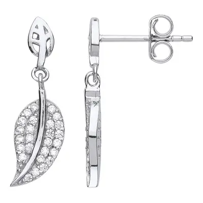 Jewelco London Ladies Sterling Silver Cubic Zirconia Feather Leaf Stud Drop Earrings - GVE742