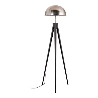 Black Metal Tripod Standing Floor Lamp with a Silver Brushed Chrome Dome Shade