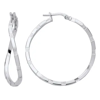 Jewelco London Ladies Rhodium Plated Sterling Silver Diamond-cut Brick Road Wavy Hoop Earrings -