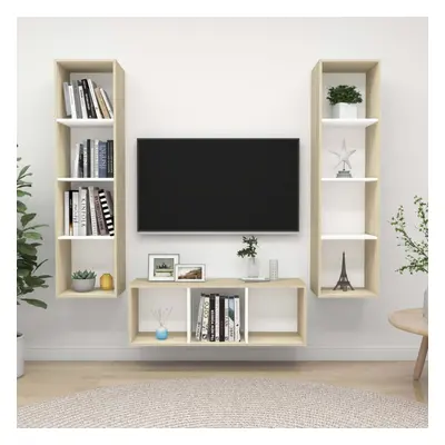 vidaXL TV Cabinet Set Piece White and Sonoma Oak Chipboard Stand Living Room