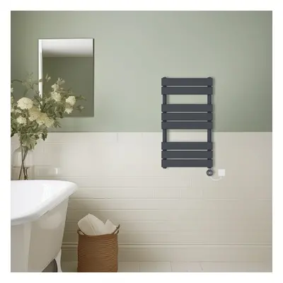 (Anthracite, 800x450mm) Prefilled Thermostatic Electric Flat Panel Heated Towel Rail Ladder Warm