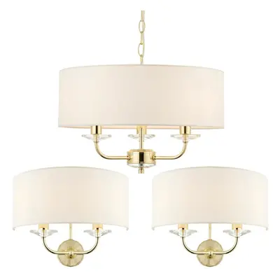 3 Bulb Ceiling Pendant Lamp & 2x Matching Twin Wall Light Modern Brass Plate