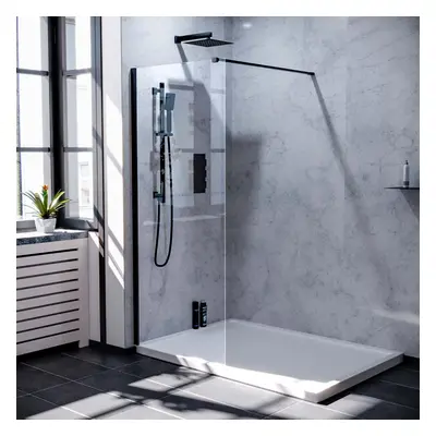 Samoa 800mm Wet Room Screen Tempered Glass & Support Bar Matte Black