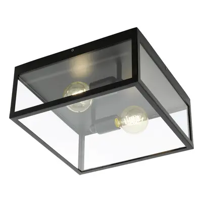 Semi Flush Ceiling Light Black Steel & Glass Box x 60W E27 Bulb Feature