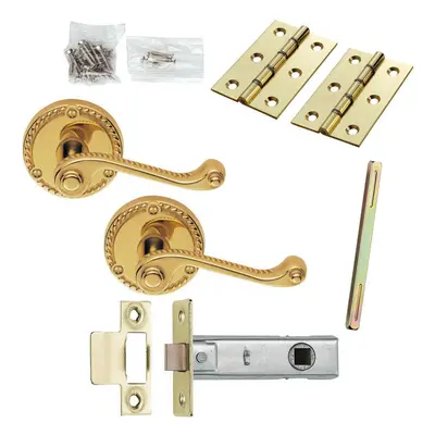 Door Handle & Latch Pack Brass Georgian Scroll Curved Screwless Round Rose