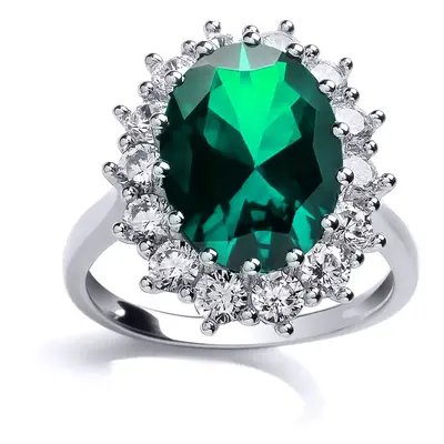 (N) Jewelco London Ladies Rhodium Sterling Silver Green Oval CZ Royal Princess Cluster Solitaire