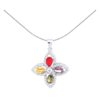 Jewelco London Rhodium Silver Rainbow Pear CZ Pointed Quatrefoil Clover Charm Pendant - APD223