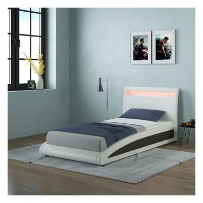 (Single, White) Neptune LED Lights Headboard Gaming Style Faux Leather Bed Frame