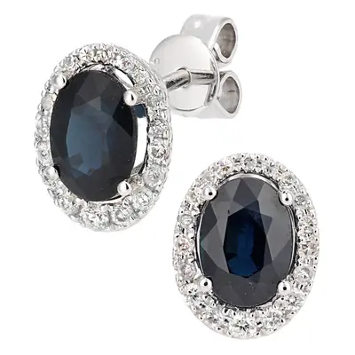 Jewelco London 9ct White Gold Round 20pts Diamond Oval 2ct Sapphire Cluster Drop Earrings - DE1A