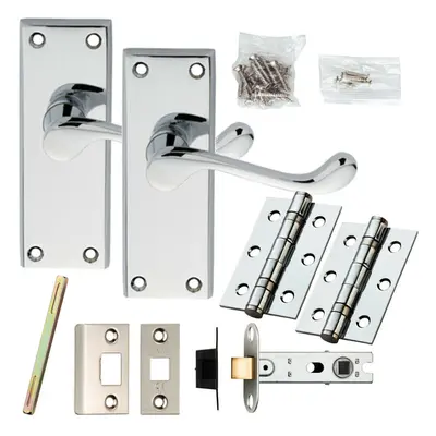 Door Handle & Latch Pack Chrome Victorian Scroll Short Lever Plate x 43mm