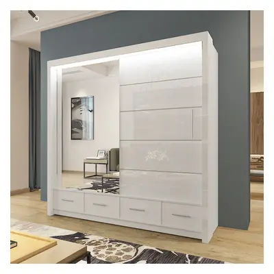 (207cm, White) High Gloss Sliding Mirror Door Sycylia Wardrobe