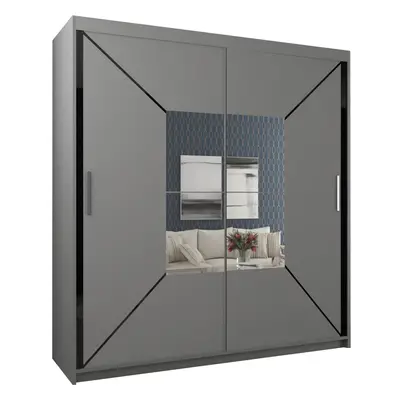 (Grey, Width 203cm) Modern Free Standing Mirror Sliding Wardrobe