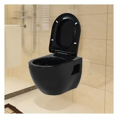 vidaXL Wall-Hung Toilet Ceramic Black Home Bathroom Furniture WC Seat Fixture