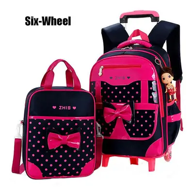 (Rose, Two-wheel) 25L 2Pcs Children Trolley Backpack Shoulder Bag Camping Trolley Case With Whee