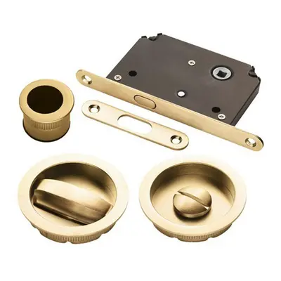 Sliding Bathroom Door Flush Pull Set Turn and Release Lock Satin Brass