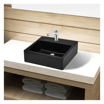 vidaXL Ceramic Bathroom Sink Basin with Faucet Hole Black Square Counter Top