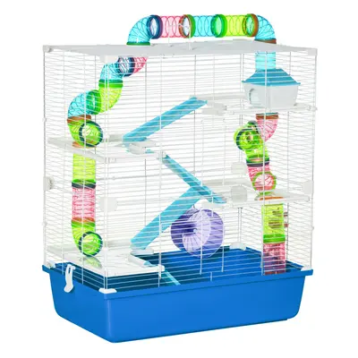 PawHut Hamster Cage w/ Water Bottle, Exercise Wheel, Tubes, Ramps - Blue