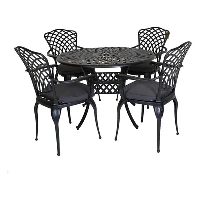 Charles Bentley Cast Aluminium Dining Round Table and Chairs Set in Black Outdoor Table with Dar