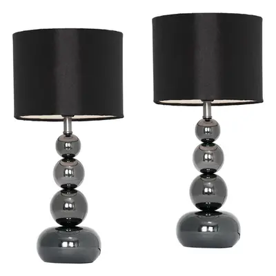 Pair of - Black Chrome Stacked Balls Table Lamps with Black Faux Silk Shades