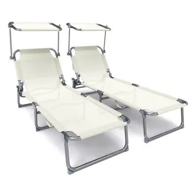 VOUNOT Textilene Folding Sun Loungers Set of with Backrest & Sunshade, Beige