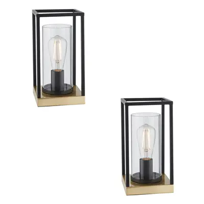 2 PACK Matt Black Framed Table Lamp Light & Glass Shade - Satin Brass Base