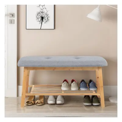 (Grey+Linen Fabric) Shoe Bench Shoe Cabinet Storage Organizer Padded Rack