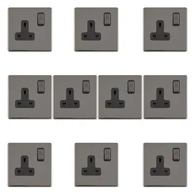 10 PACK Gang DP 13A Switched UK Plug Socket SCREWLESS BLACK NICKEL Wall Power