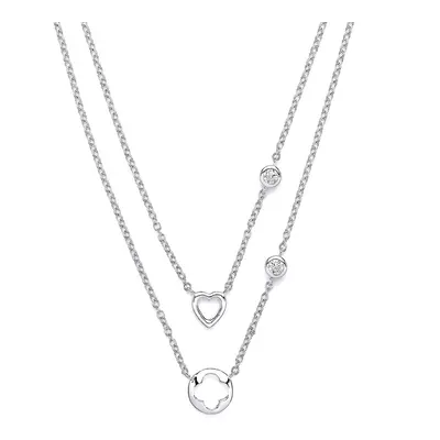 Jewelco London Ladies Sterling Silver Cubic Zirconia Lucky Love Heart Double Drop Necklace inch 