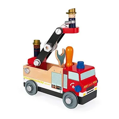 Janod - Brico'Kids Wooden Fire Truck, Fsc Certified - Construction Set - with Firemen - Pieces, 