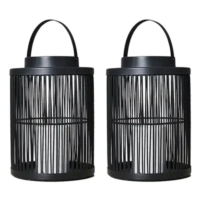 Set of - Contemporary Battery Operated Integrated LED Black Cylindrical Wire Basket Lantern Cand