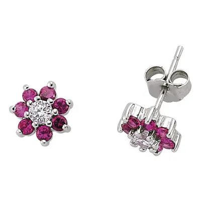 Jewelco London Ladies Sterling Silver Ruby-Red Cubic Zirconia Flower Cluster Stud Earrings - GVE